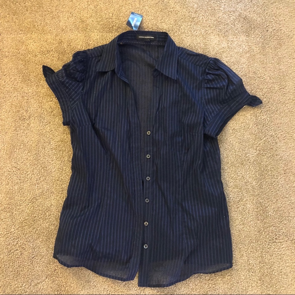 Blue striped, short sleeve button down dress shirt